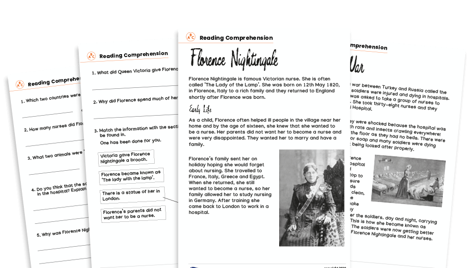 image of Florence Nightingale KS1 Non-Fiction Reading Comprehension Worksheets Pack