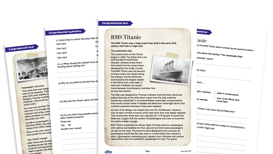 image of RMS Titanic KS2 Reading Comprehension Worksheets – History Topic