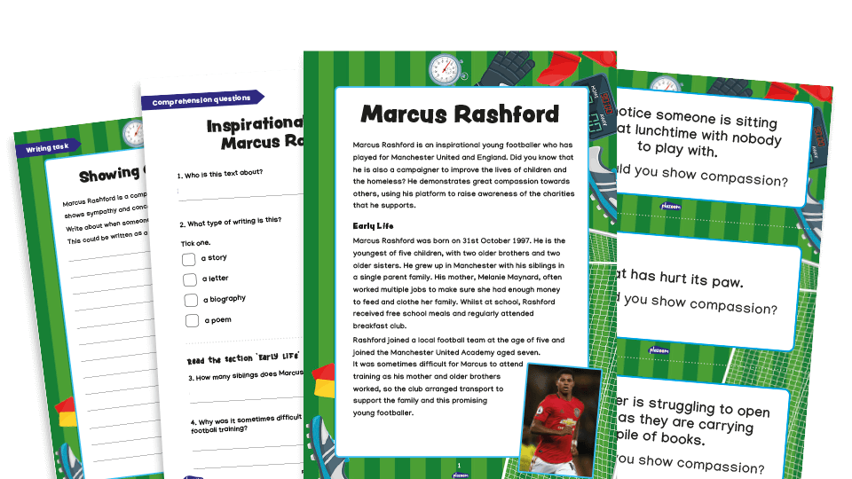 image of Marcus Rashford: LKS2 Inspirational People Comprehension and Writing Activities Pack