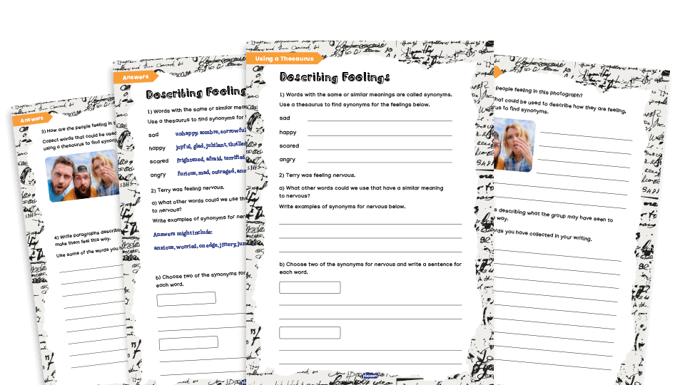 image of Thesaurus skills - feelings: Year 5 and Year 6 worksheets 1