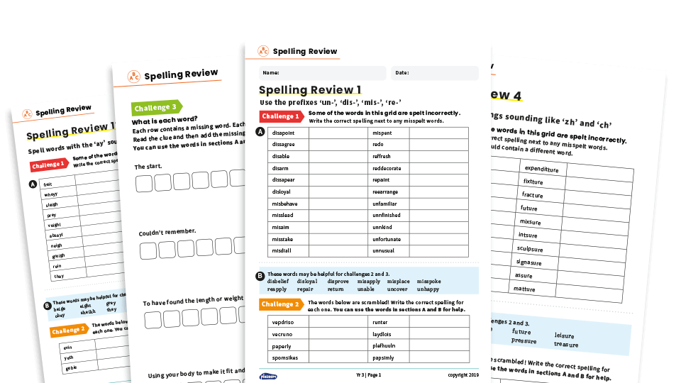 image of Year 3 Spelling Revision Challenge Worksheets