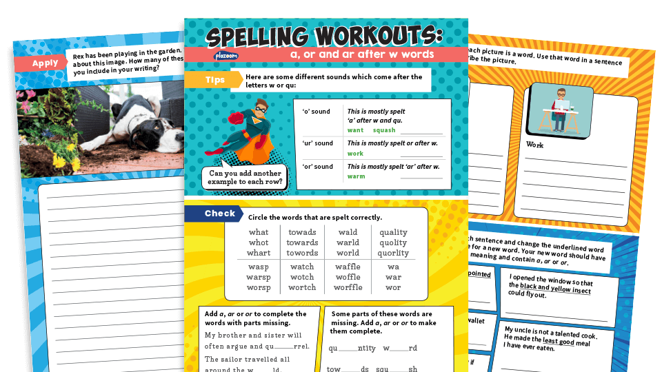 image of Year 2 ‘a’, ‘or’ and ‘ar’ Sounds after ‘w’ Spelling Worksheets – KS1 SPaG Workouts