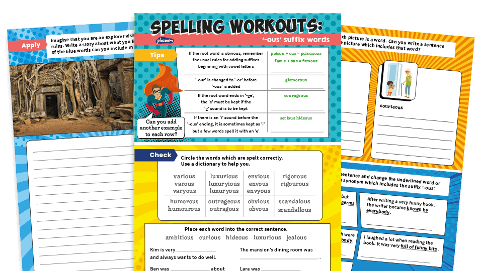 image of -ous Suffix Year 3/4 Spelling Worksheets Pack