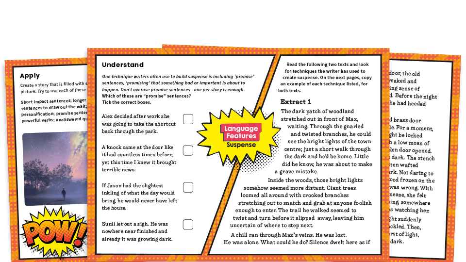 image of Creating Suspense – KS2 Writing Features Challenge Mat Worksheets