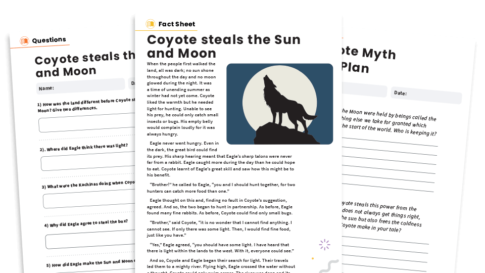 image of How Coyote Stole the Sun and Moon – KS2 Reading Comprehension Worksheets: Native American Myths