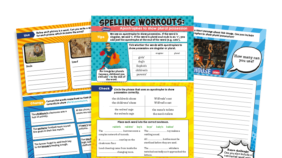 image of Possessive Apostrophe with Plural Words Year 3 and 4 Spelling Worksheets Pack