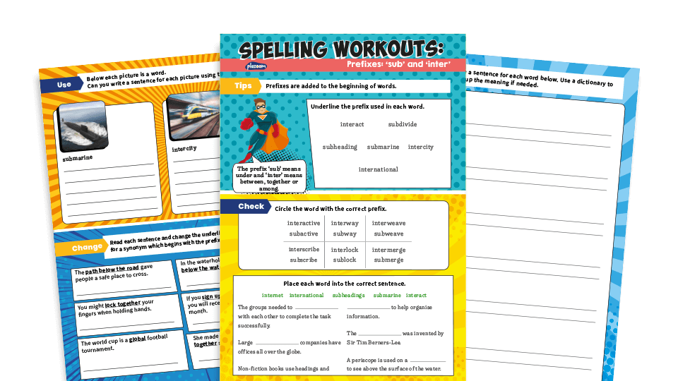 image of sub- and inter- Prefixes Year 3 and 4 Spelling Worksheets
