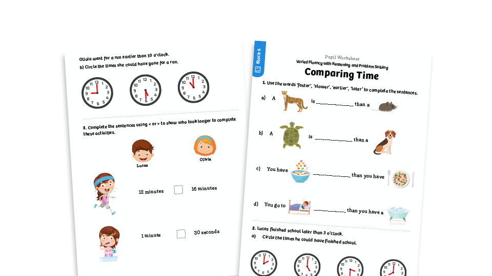 image of White Rose Maths: Year 1 Summer Term – Block 6: Comparing time maths worksheets