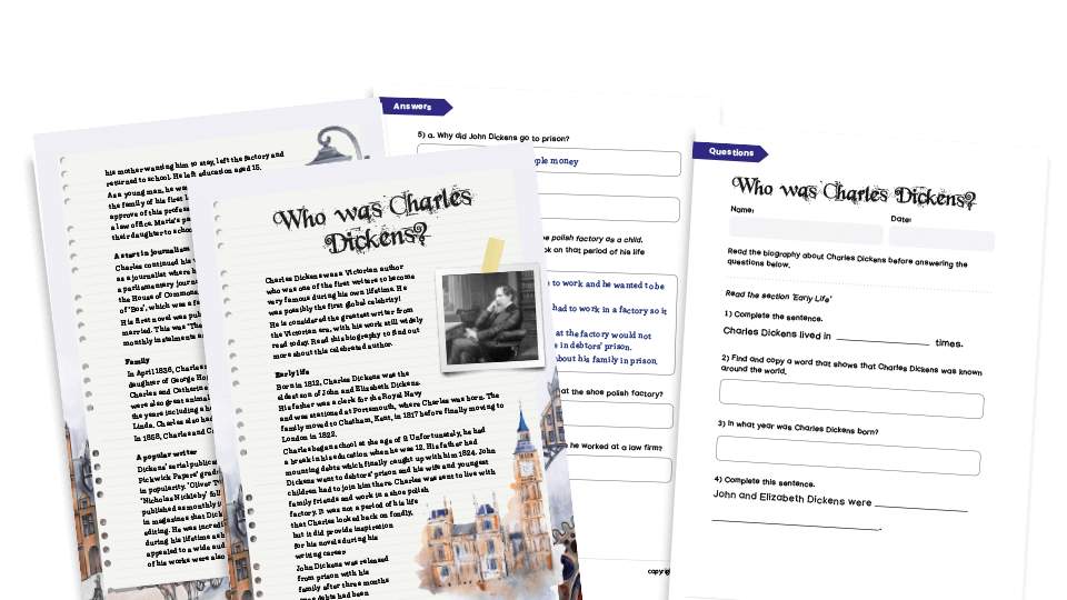 image of The Life of Charles Dickens - KS2 Comprehension Text and Worksheets