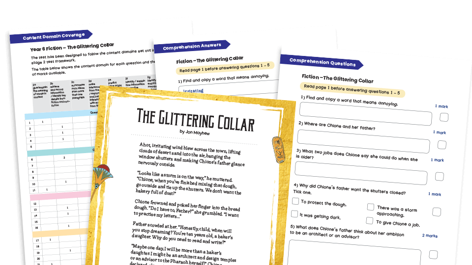 image of Year 6 Fiction Reading Comprehension Worksheets (with Key Stage 2 content domain coverage sheet): The Glittering Collar
