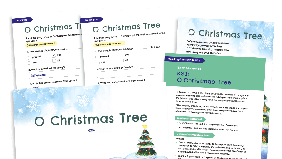 image of O Christmas Tree Lyrics - Key Stage 1 Comprehension Worksheets