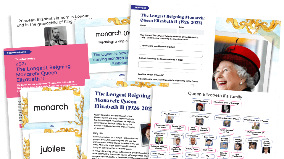 image of Remembering Queen Elizabeth II, The Longest Serving Monarch: Key Stage 2 Lessons and Worksheets Pack