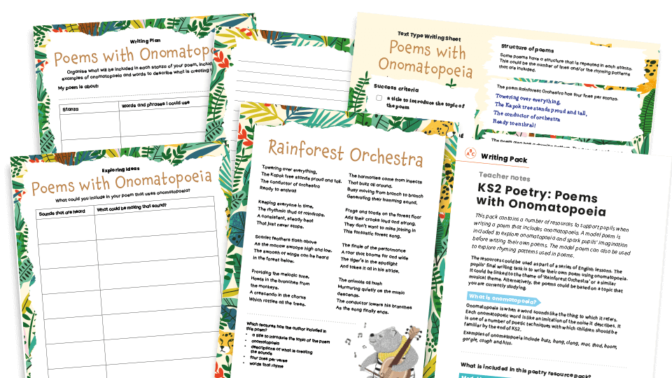 image of Poems with Onomatopoeia KS2, Rainforest Orchestra - KS2 Text Types: Writing Planners and Model Texts