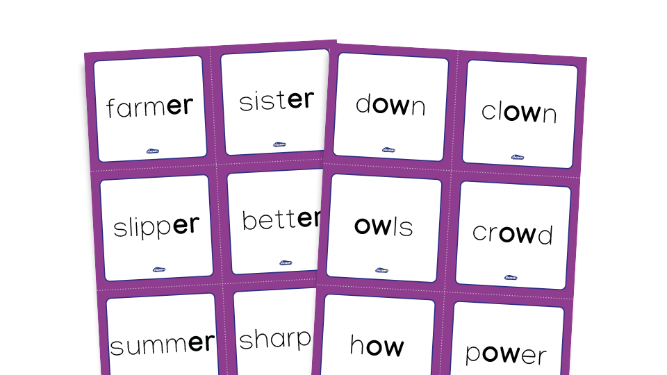 image of Phase 5 phonics - word cards, alternative pronunciations, set 2: ow, ie, ea, er, a