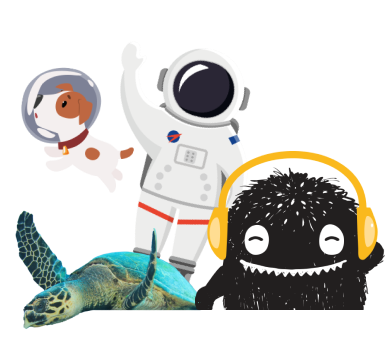 Plazoom Characters including turtle, spaceman, spacedog and podcast monster
