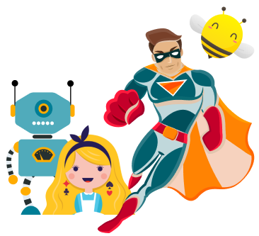 Plazoom Characters including robot, bumblebee, superhero and cardsuit girl