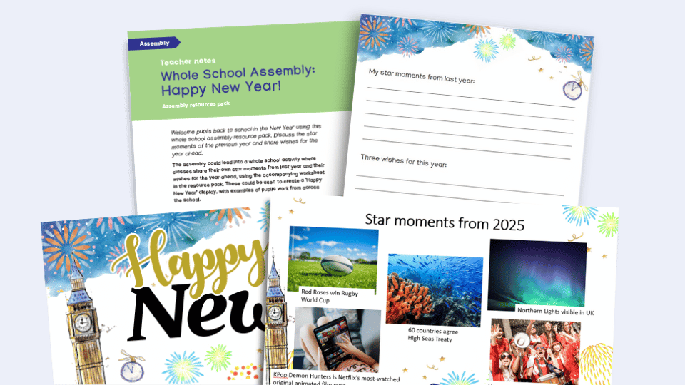 Happy New Year - whole-school assembly pack with worksheets