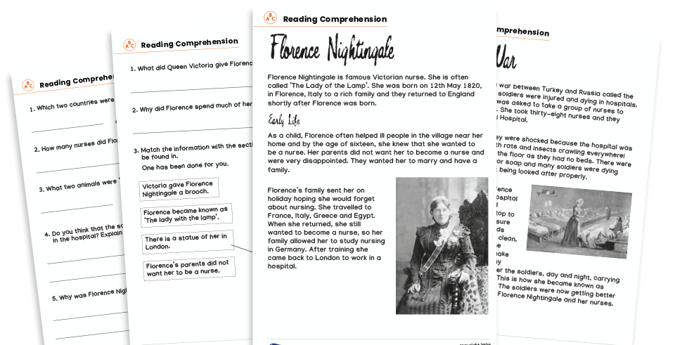 KS1 Florence Nightingale reading comprehension worksheets