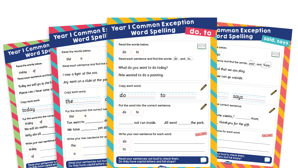 image of ‘do’, ‘to’, ‘said’, ‘says’, ‘the’, ‘a’, ‘today’, ‘of’ – Year 1 Common Exception Words Spelling Worksheets Pack 1