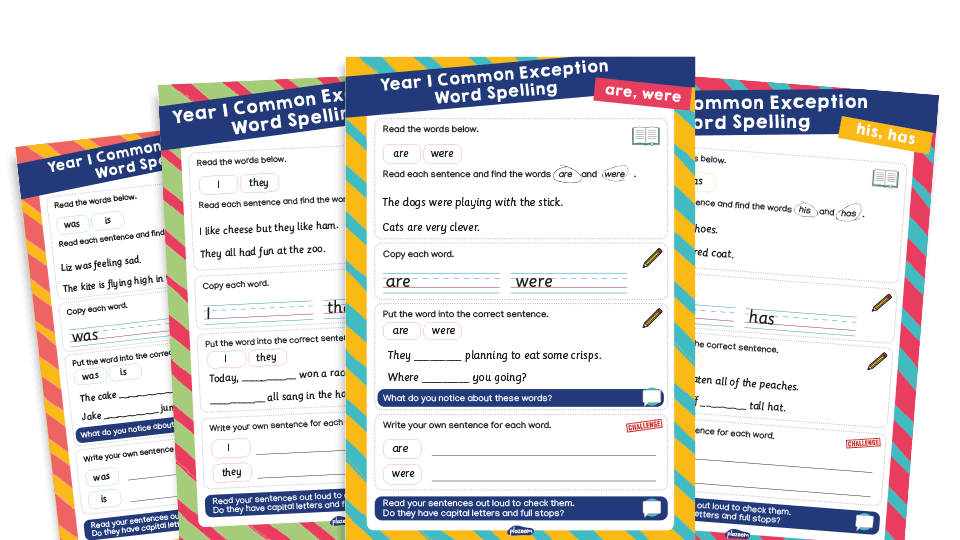image of ‘are’, ‘were’, ‘his’, ‘has’, ‘I’, ‘they’, ‘was’, ‘is’ – Year 1 Common Exception Words Spelling Worksheets Pack 2