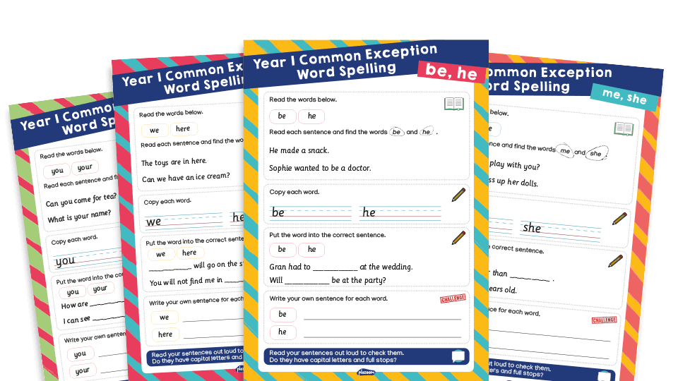 image of ‘be’, ‘he’, ‘me’, ‘she’, ‘we’, ‘here’, ‘you’, ‘your’ – Year 1 Common Exception Words Spelling Worksheets Pack 3
