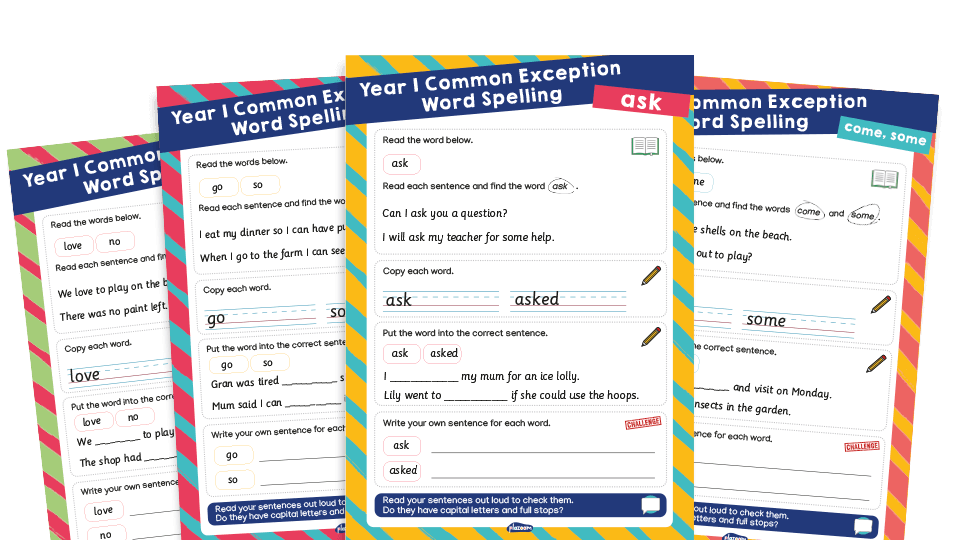 image of ‘ask’, ‘come’, ‘some’, ‘go’, ‘so’, ‘love’, ‘no’ – Year 1 Common Exception Words Spelling Worksheets Pack 4