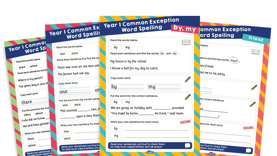 image of ‘by’, ‘my’, ‘friend’, ‘one’, ‘once’, ‘there’, ‘where’ – Year 1 Common Exception Words Spelling Worksheets Pack 5