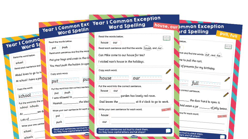 image of ‘house’, ‘our’, ‘pull’, ‘full’, ‘put’, ‘push’, ‘school’ – Year 1 Common Exception Words Spelling Worksheets Pack 6
