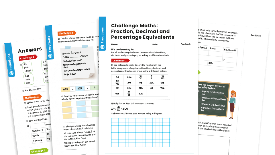 image of Equivalent Fractions, Decimals and Percentages: Y6, Fractions – Maths Challenge