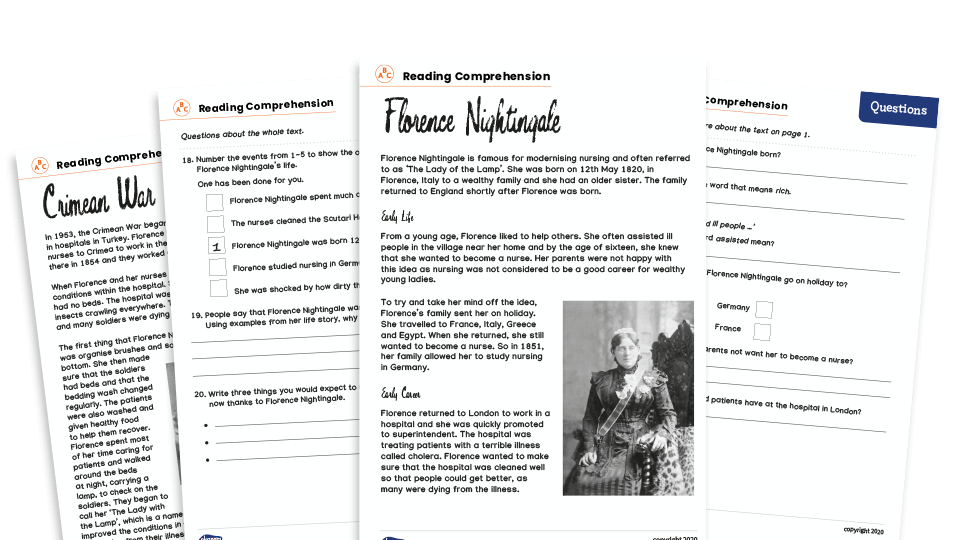 image of Florence Nightingale Year 3 & 4 Non-Fiction Reading Comprehension Worksheets Pack