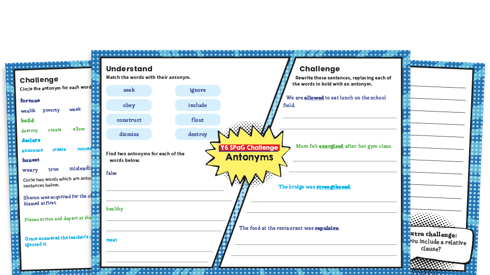 image of Antonyms Year 6 Features of Writing Worksheets