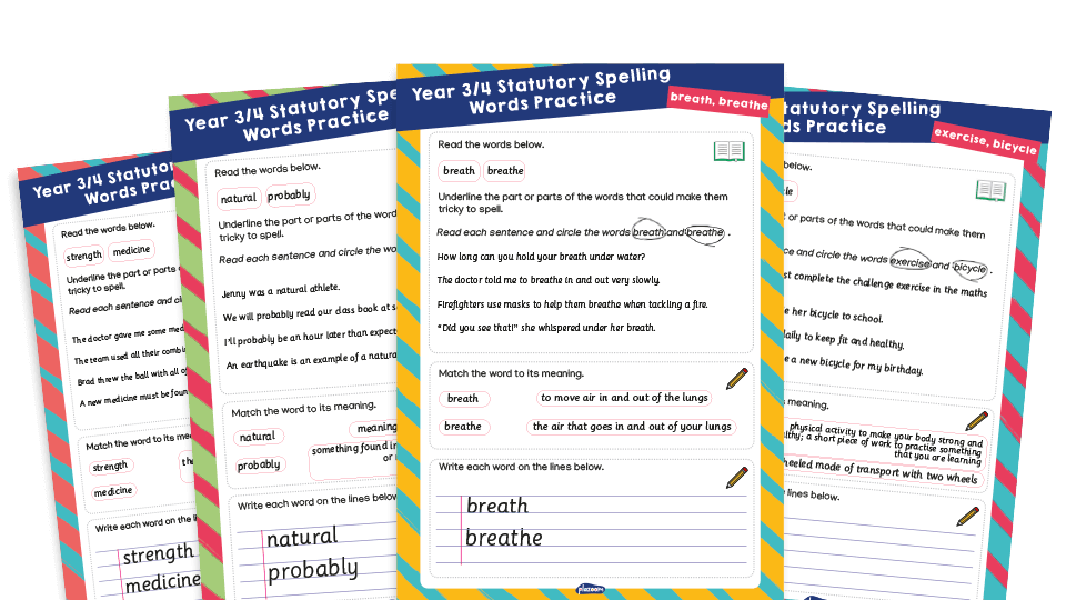 Year 3 and 4 Statutory Spelling Words (SSW) Worksheets – Practice Pack 8