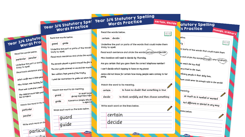 Year 3 and 4 Statutory Spelling Words (SSW) Worksheets – Practice Pack 10