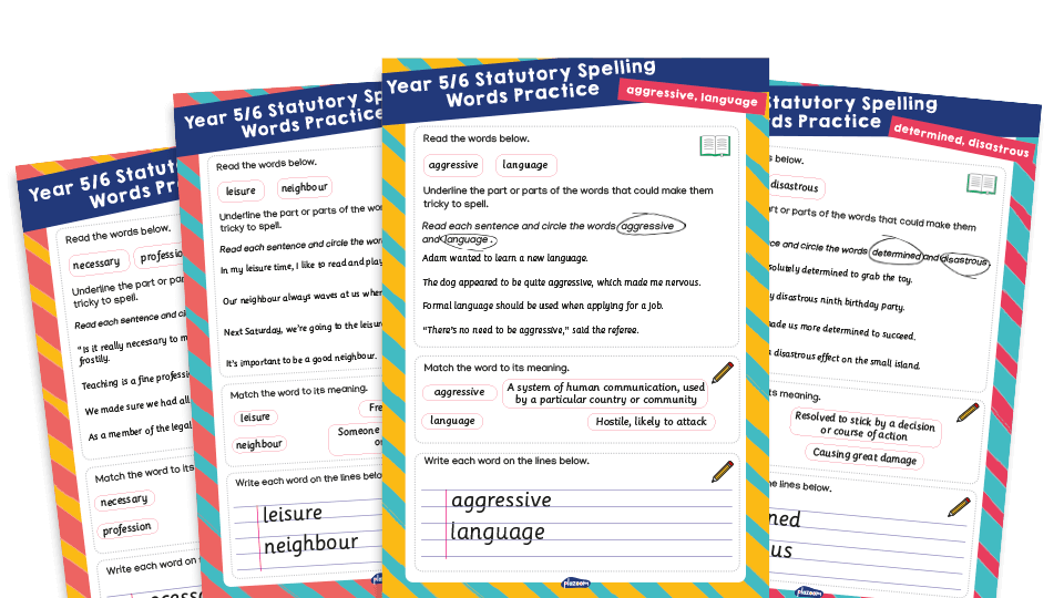 Year 5 and 6 Statutory Spelling Words (SSW) Worksheets – Practice Pack 9