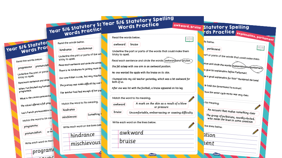 Year 5 and 6 Statutory Spelling Words (SSW) Worksheets – Practice Pack 12