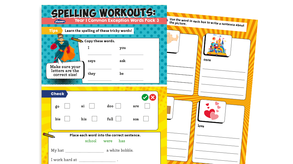 image of Year 1 Common Exception Words Spelling Worksheets Pack 3