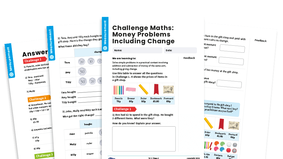 image of Money Problems Involving Change: Year 2 – Measurement – Maths Challenge