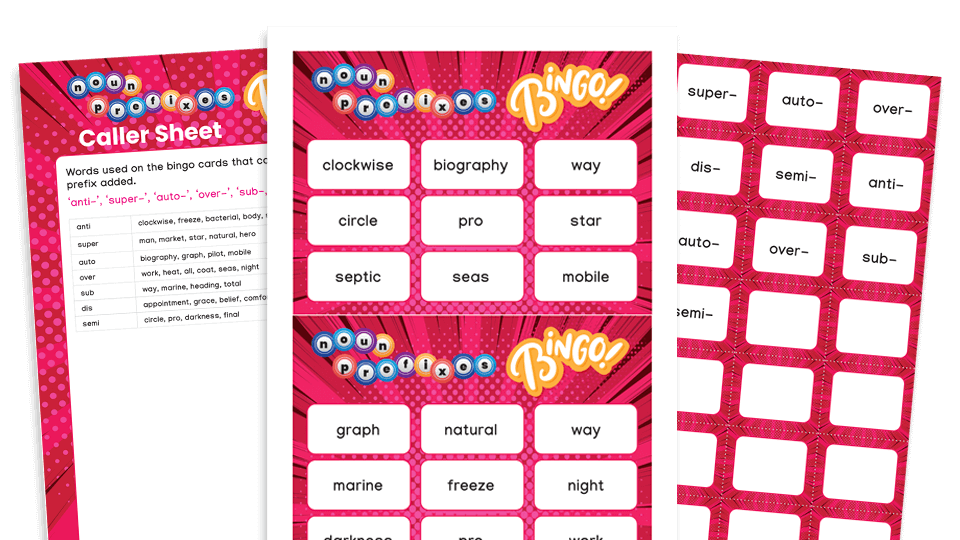 image of Year 3 Noun Prefixes Bingo: Grammar games