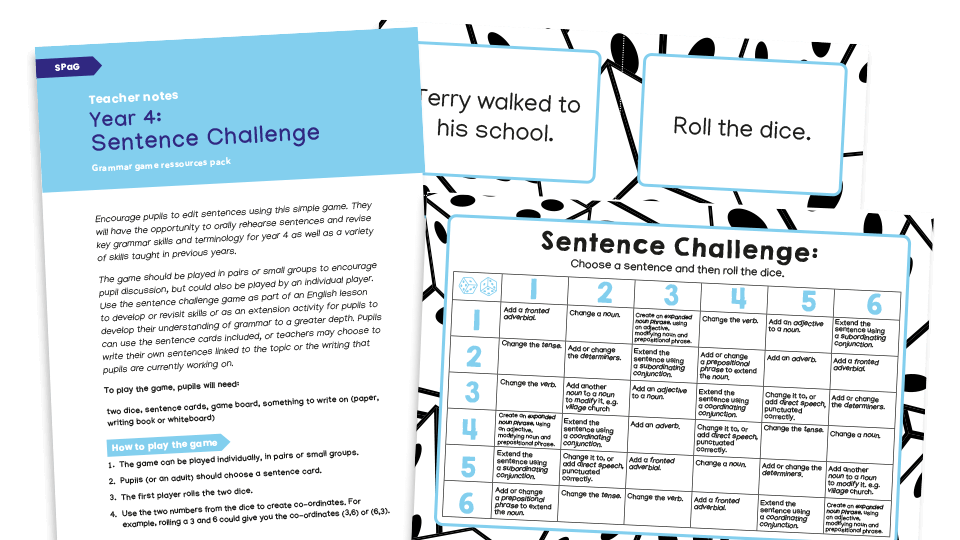image of Year 4 Sentence Editing Challenge Dice Game – KS2 Grammar Games