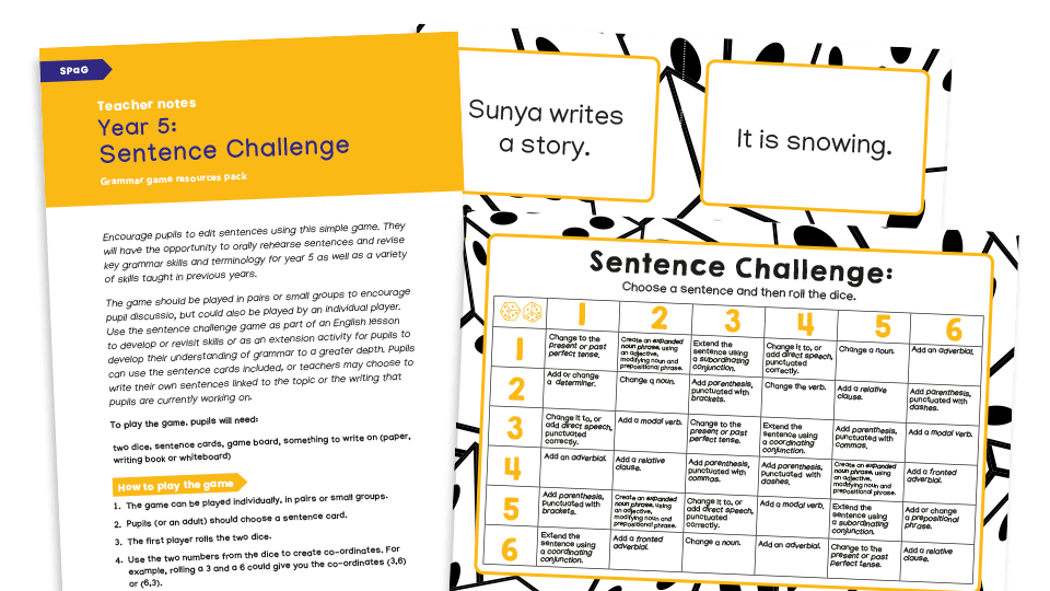 image of Year 5 Sentence Editing Challenge Dice Game – KS2 Grammar Games