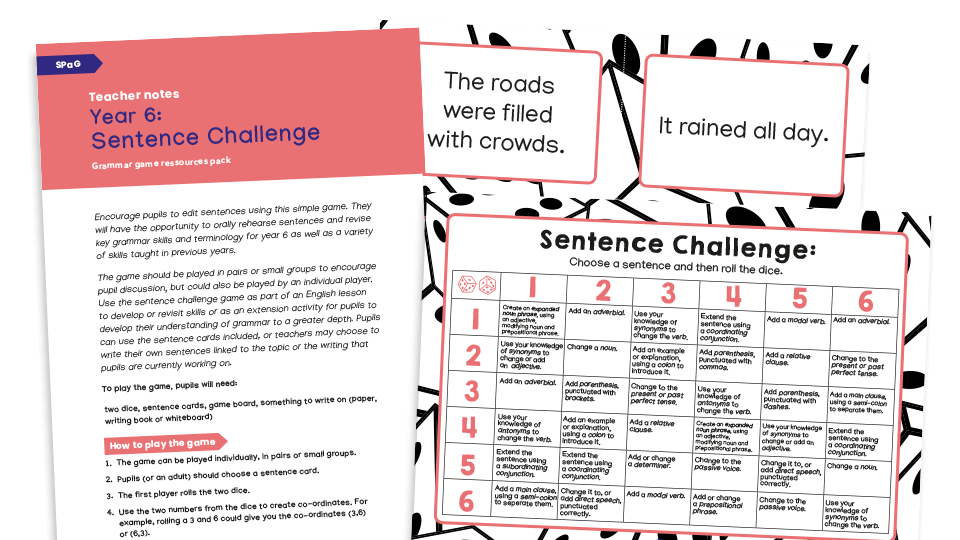 image of Year 6 Sentence Editing Challenge Dice Game – KS2 Grammar Games