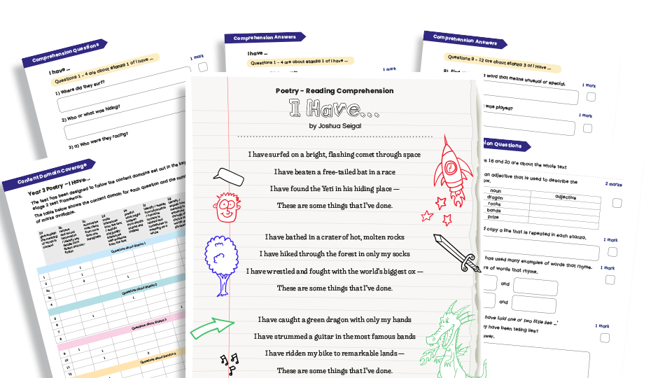 image of Year 3 Poetry Reading Comprehension Worksheets (with KS2 content domain coverage sheet): I Have
