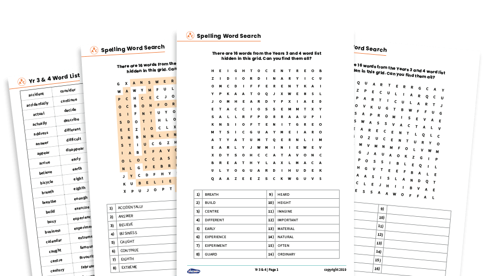 image of Year 3 and 4 Spelling List – Word Search Revision Pack