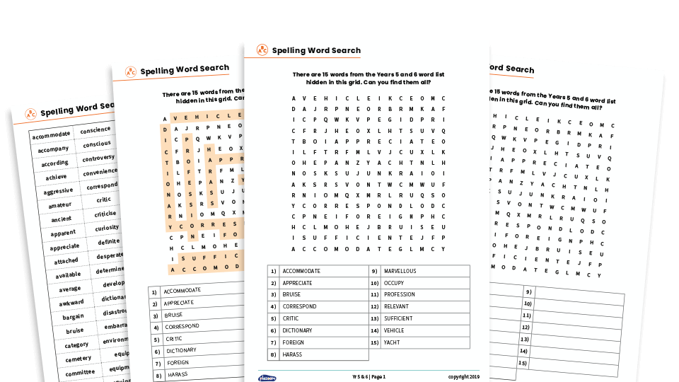 image of KS2 Vocabulary and Spelling – Word Searches for Year 5 and 6 spelling words
