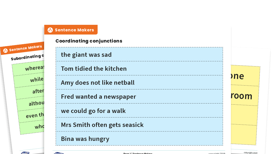 image of KS2 Coordinating and Subordinating Conjunction Sentence Maker Cards