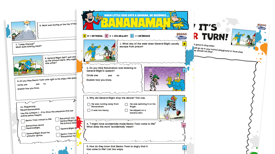 image of Bananaman the Litter Bug – KS2 Beano Comprehension and Writing Activities Pack