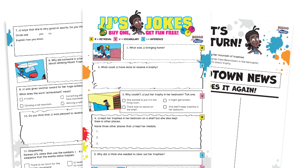 image of JJ and Trophy Mountain – KS2 Beano Comprehension and Writing Activities Pack