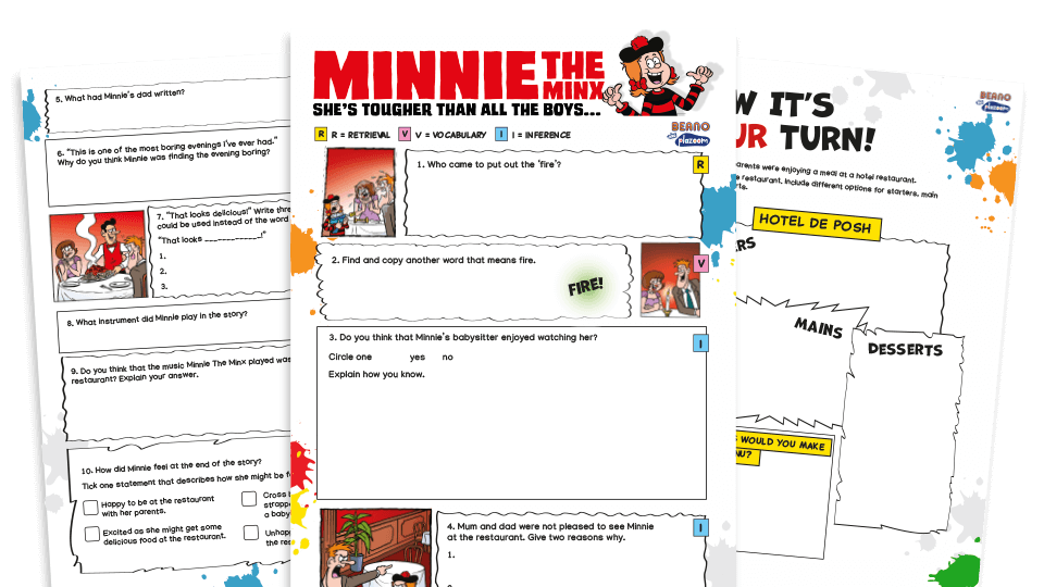 image of Minnie and the restaurant – KS2 Beano Comprehension and Writing Activities Pack
