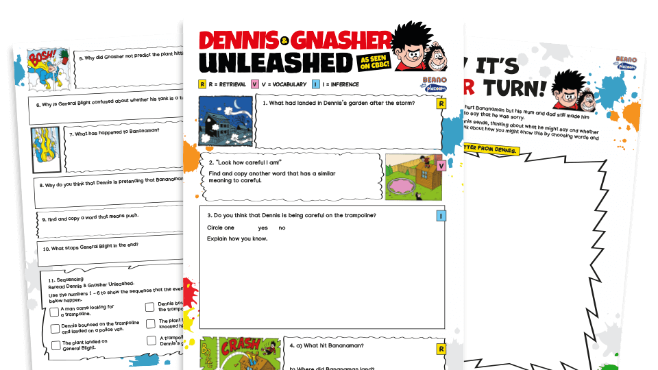 image of Dennis and the trampoline – KS2 Beano Comprehension and Writing Activities Pack