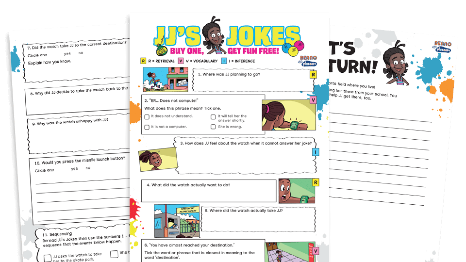 image of JJ and the watch – KS2 Beano Comprehension and Writing Activities Pack